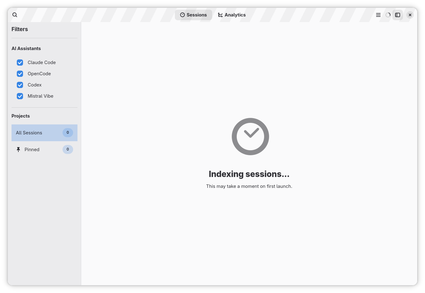 Sessions Chronicle indexing local AI assistant sessions on first launch