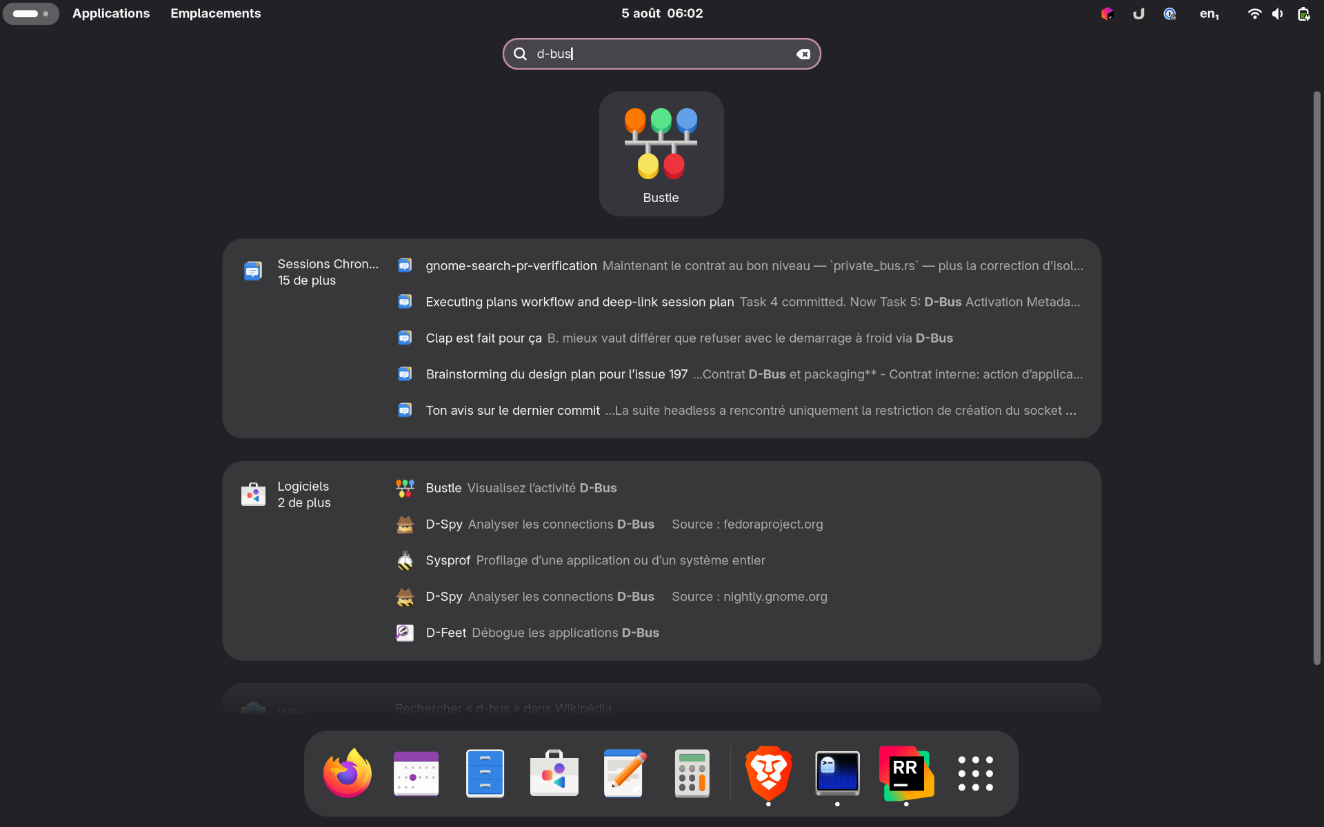 GNOME Activities overview showing Sessions Chronicle search results