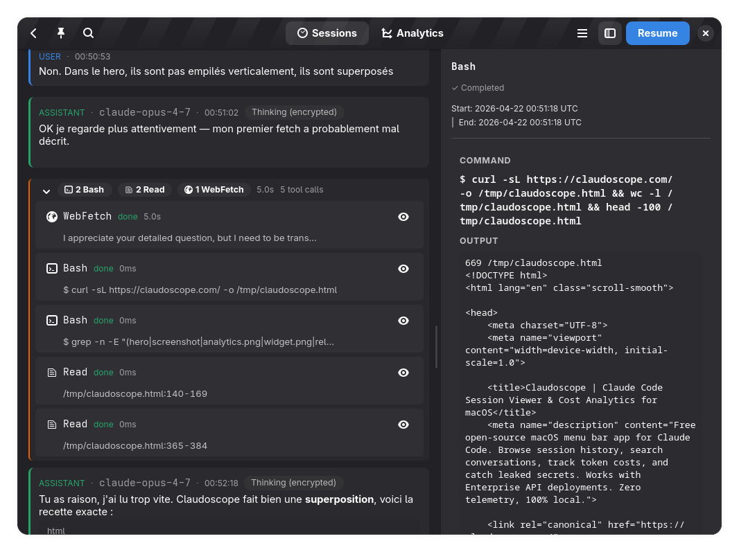 Session detail showing a burst of tool calls