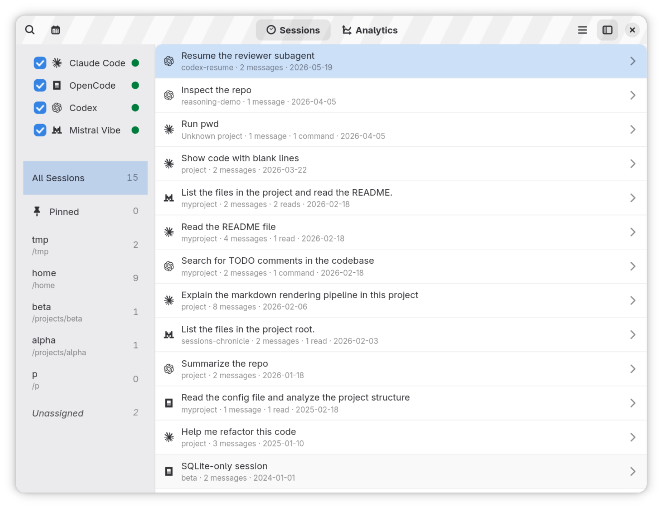 Sessions Chronicle main window listing recent AI assistant conversations