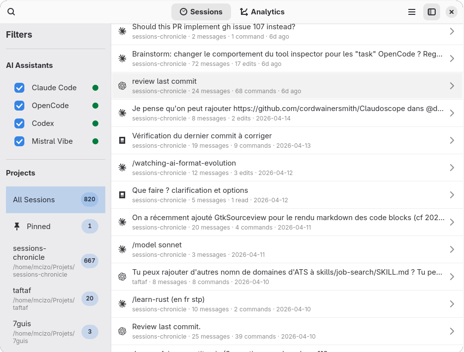Sessions Chronicle main window listing recent AI assistant conversations