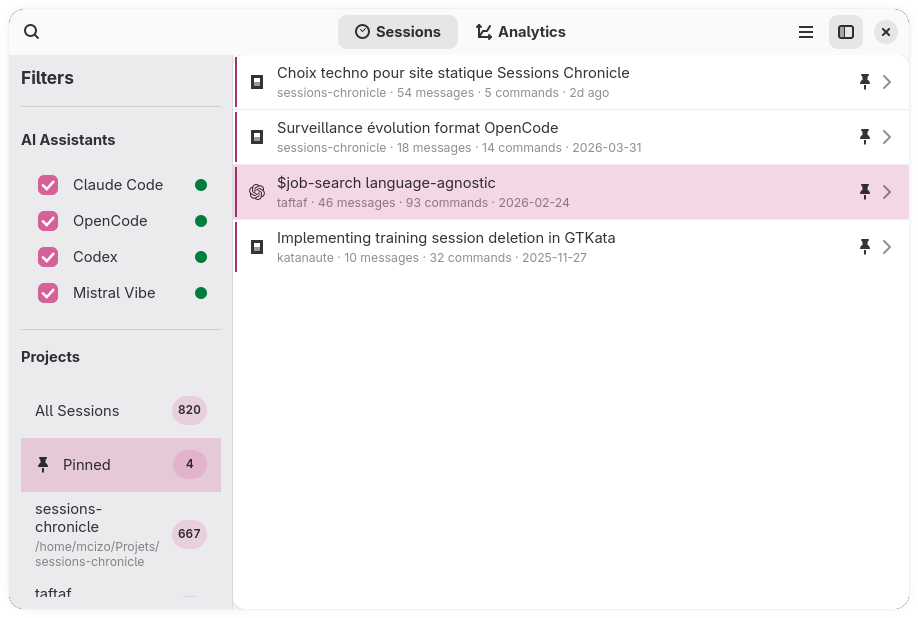 Session list with a pinned row highlighted