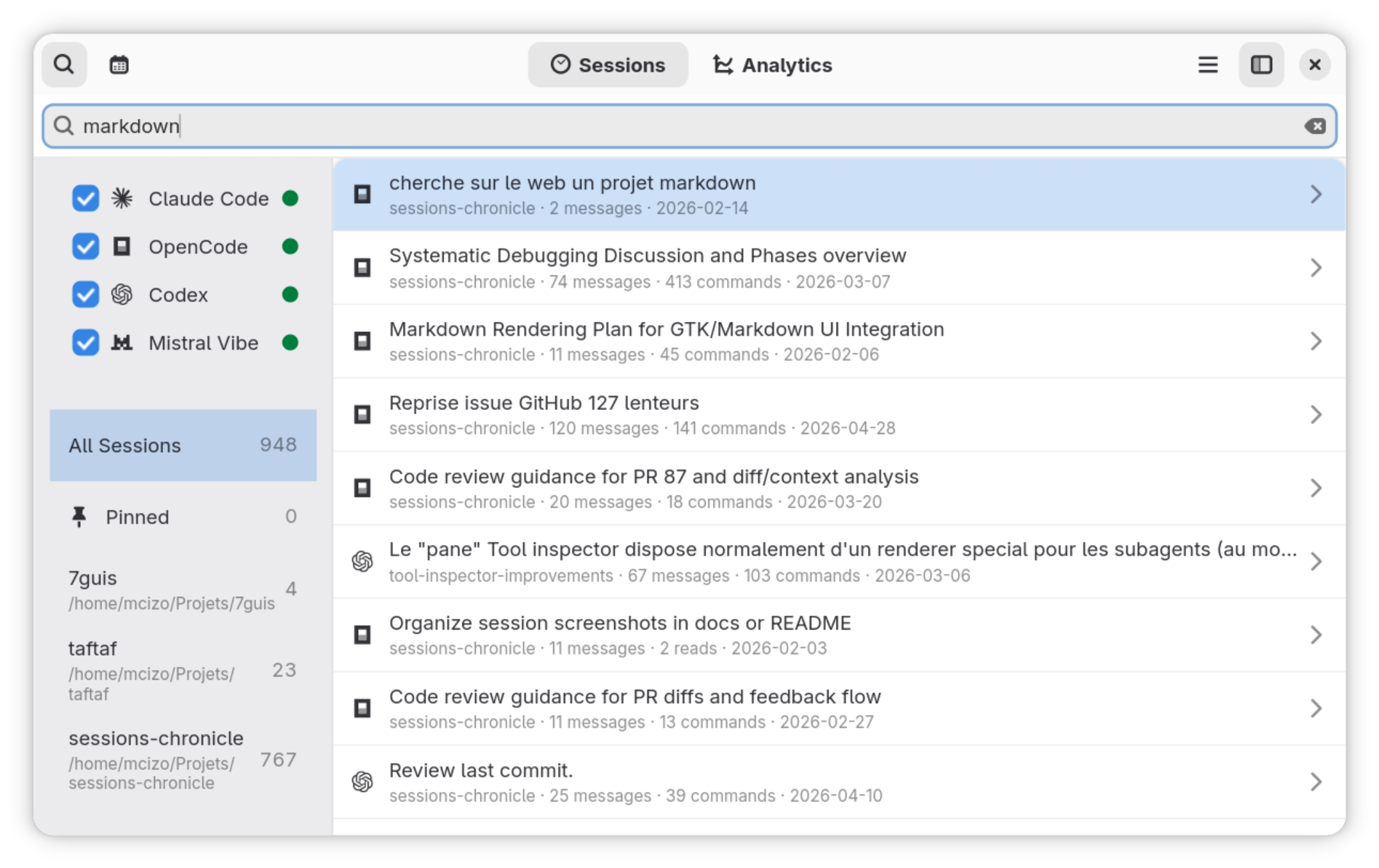 Session list with search focused, filtered results visible