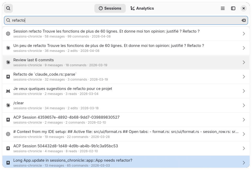 Session list with search focused, filtered results visible